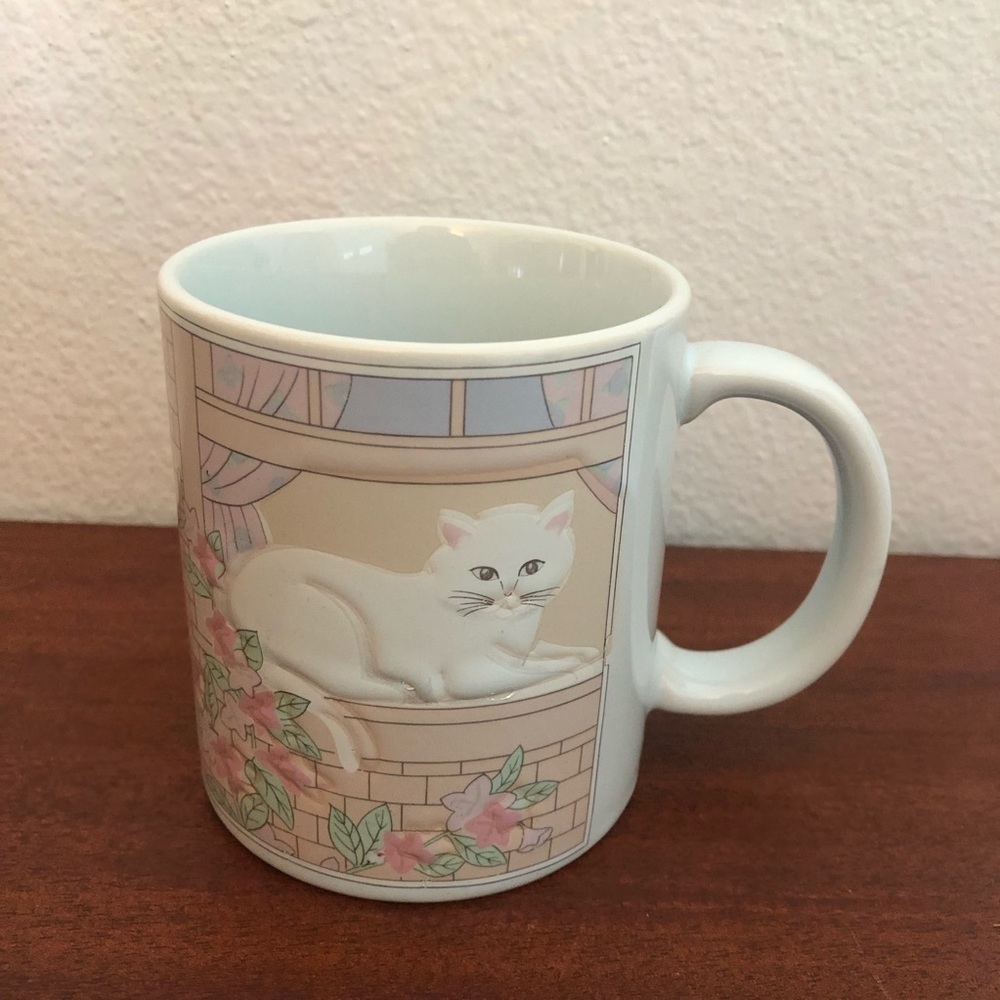 Vintage Otagiri Cat in Window Blue Mug Floral